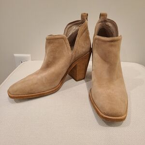 Jeffrey Campbell Rosalee Square Toe Tan Suede Block Heel Side Slit Bootie